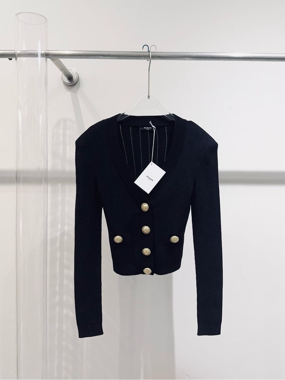 🚩steal Balmain Black Cropped Knit Blazer with Gold Buttons